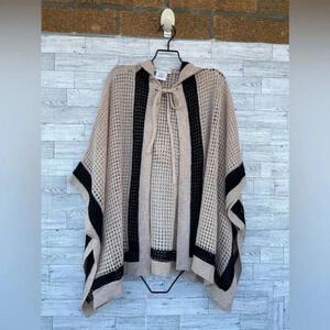 White+Warren Cardigan Womens Cashmere Open Beige Black Stripe Tie Hooded small